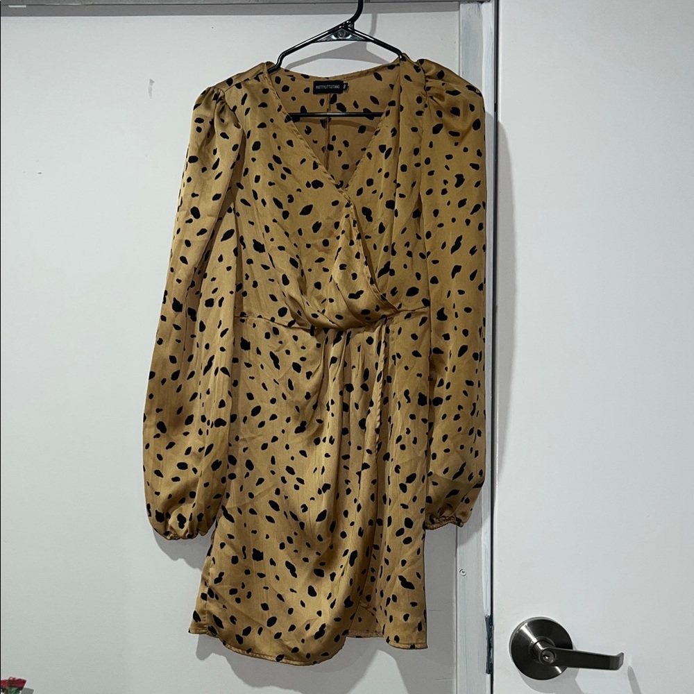 PrettyLittleThing Tan Long Sleeve Dress with Black Dots